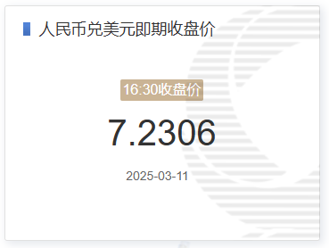 3月11日人民币兑美元即期收盘价报7.2306 较上一交易日上调343个基点